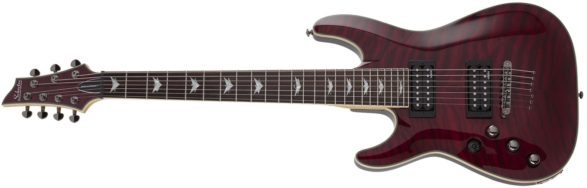 Schecter Omen Extreme-7 left-handed electric guitar, front view